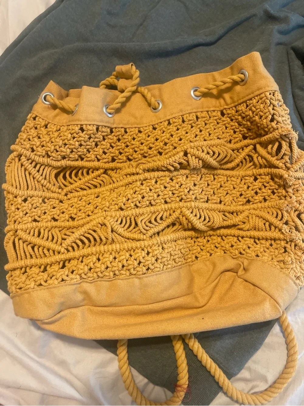 Crochet Drawstring Bucket Bag in Tan